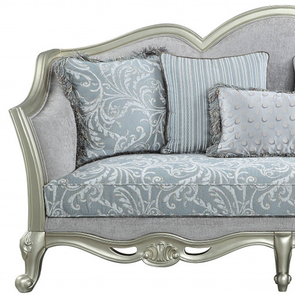 85" Light Gray Linen Damask Sofa And Toss Pillows With Champagne Legs Image 4