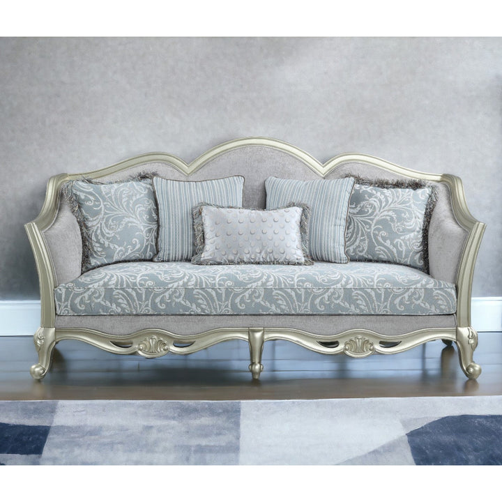 85" Light Gray Linen Damask Sofa And Toss Pillows With Champagne Legs Image 5