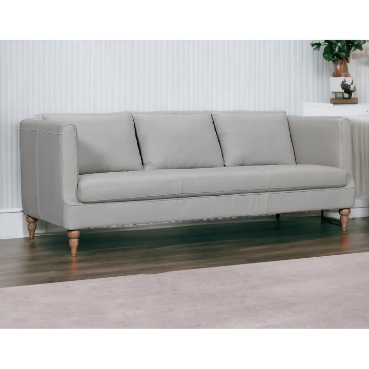 85" Gray Leather Sofa With Brown Legs Image 11