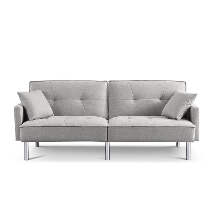 85" Light Gray Polyester Blend Convertible Futon Sleeper Sofa And Toss Pillows With Silver Legs Image 3