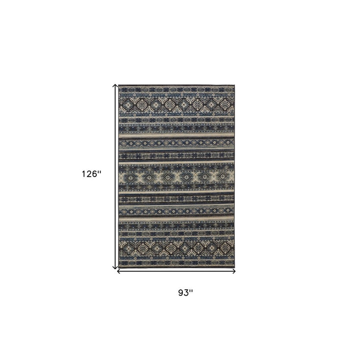 8 X 11 Blue Tan And Black Geometric Power Loom Distressed Stain Resistant Area Rug Image 1