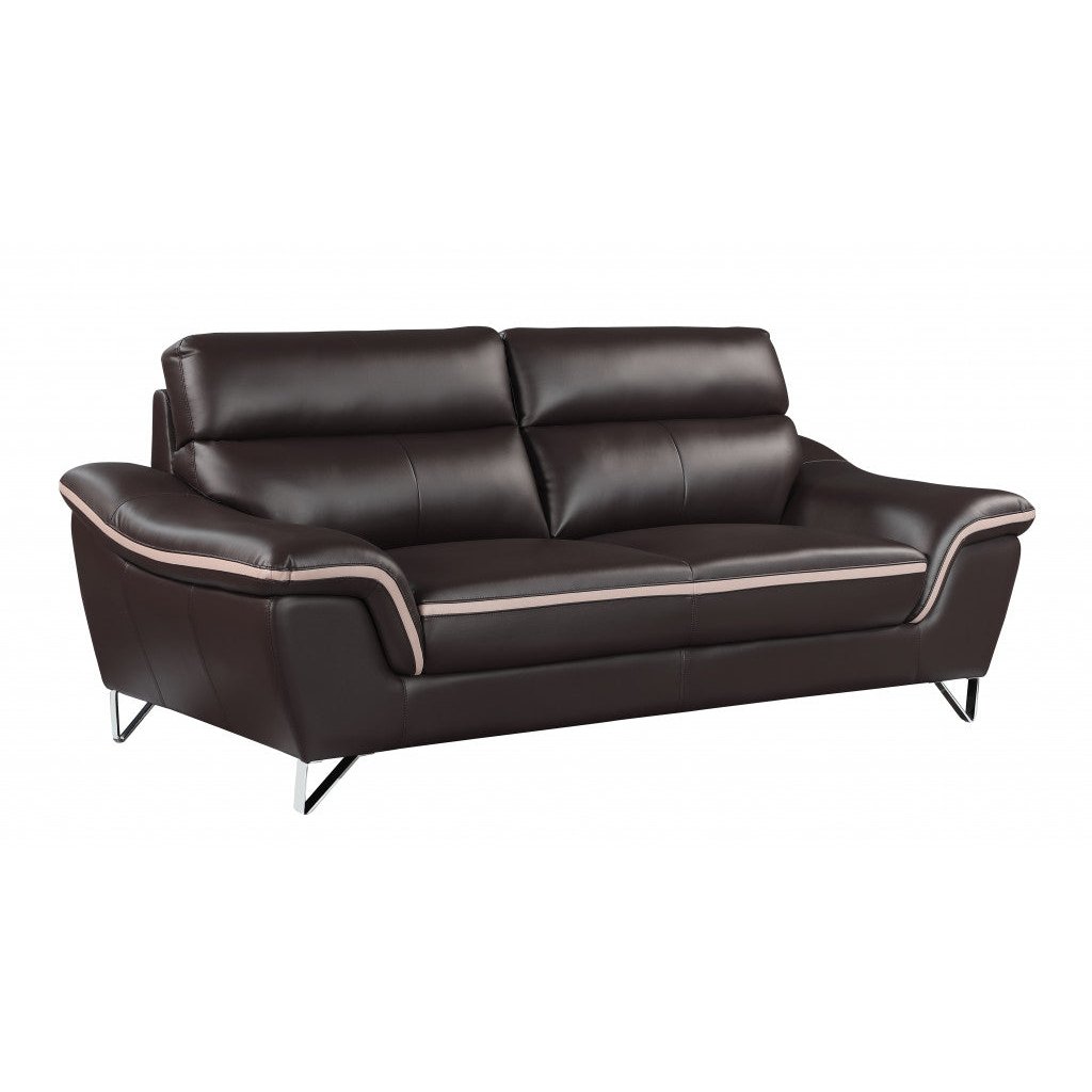 86" Brown Leather Sofa With Silver Legs Image 1