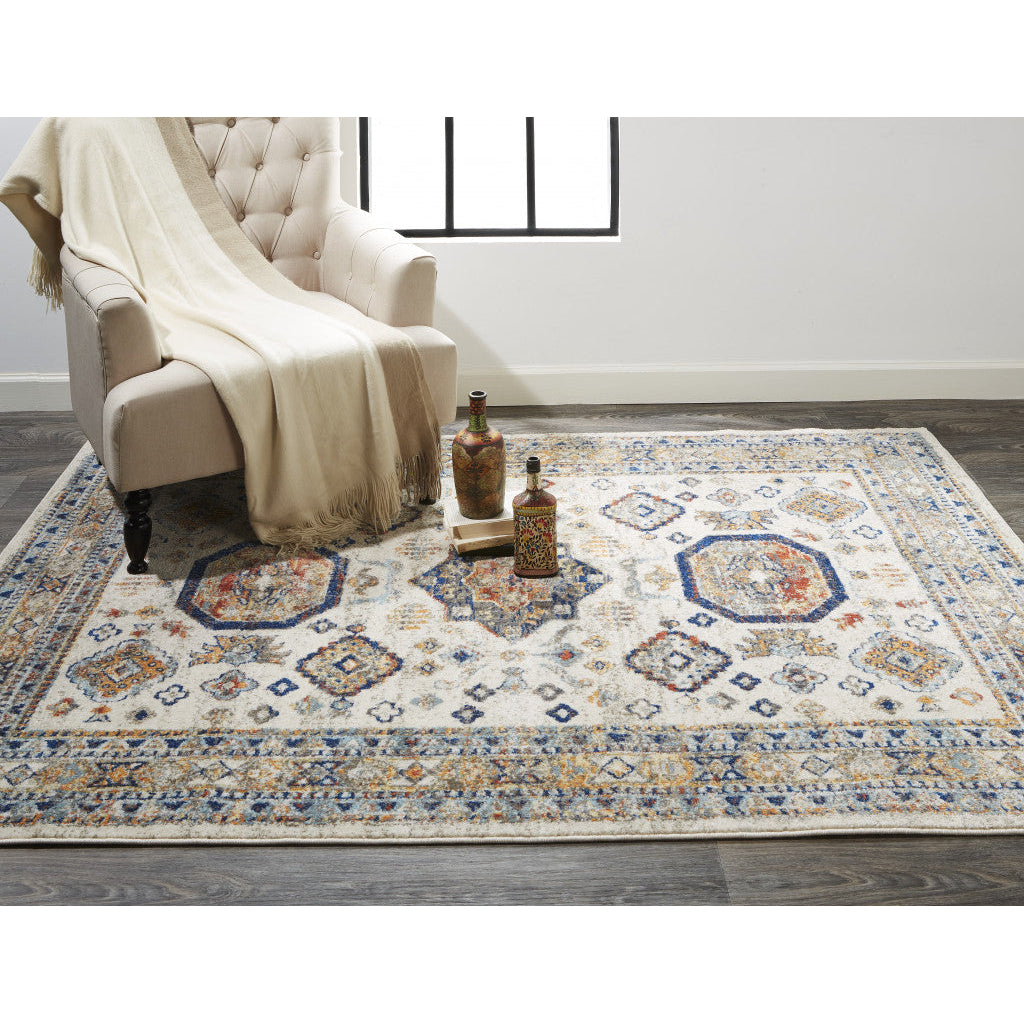 8 X 11 Ivory Orange And Blue Floral Stain Resistant Area Rug Image 12