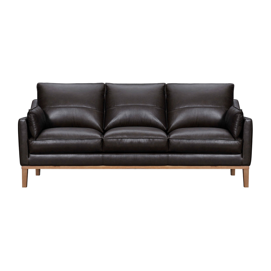 87" Dark Brown Leather Sofa And Toss Pillows With Brown Legs Image 1