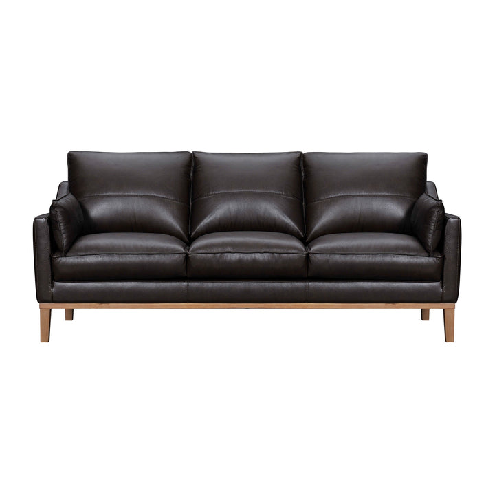 87" Dark Brown Leather Sofa And Toss Pillows With Brown Legs Image 1