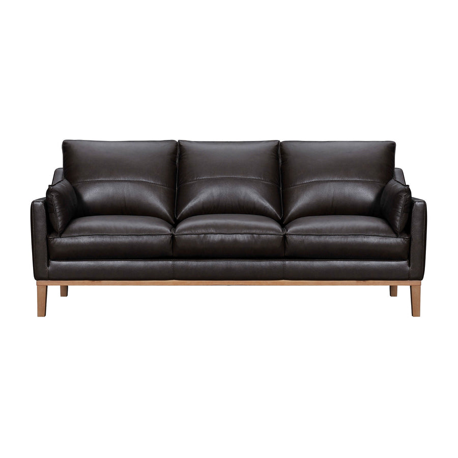 87" Dark Brown Leather Sofa And Toss Pillows With Brown Legs Image 1