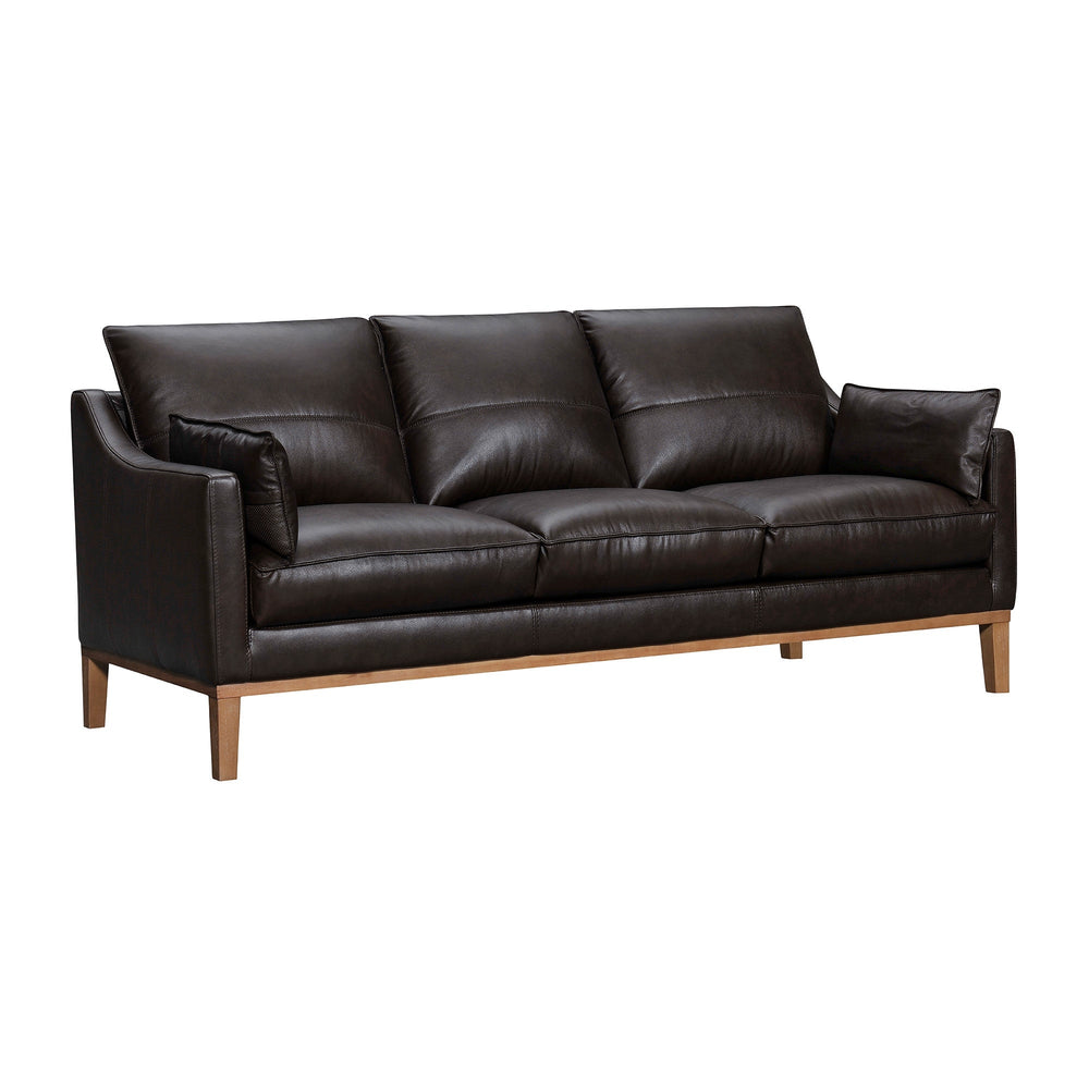 87" Dark Brown Leather Sofa And Toss Pillows With Brown Legs Image 2