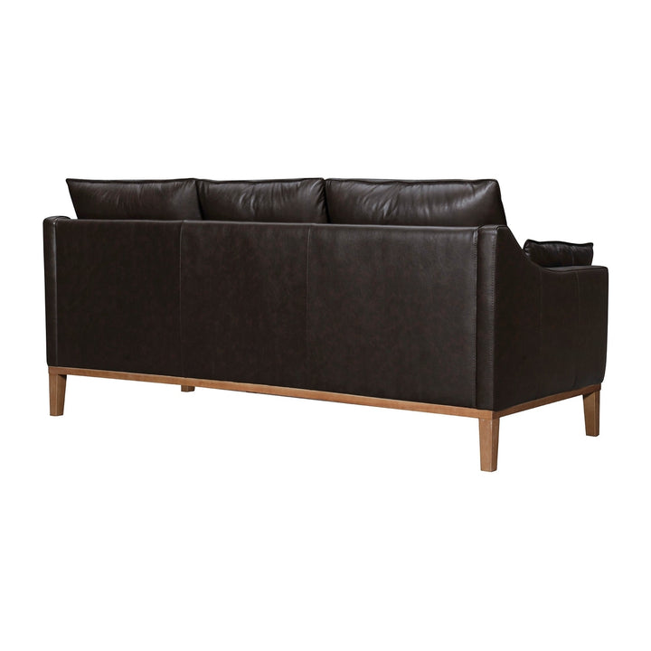 87" Dark Brown Leather Sofa And Toss Pillows With Brown Legs Image 3