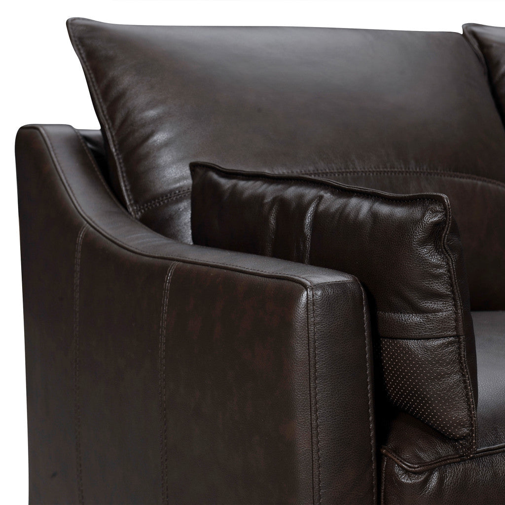 87" Dark Brown Leather Sofa And Toss Pillows With Brown Legs Image 5