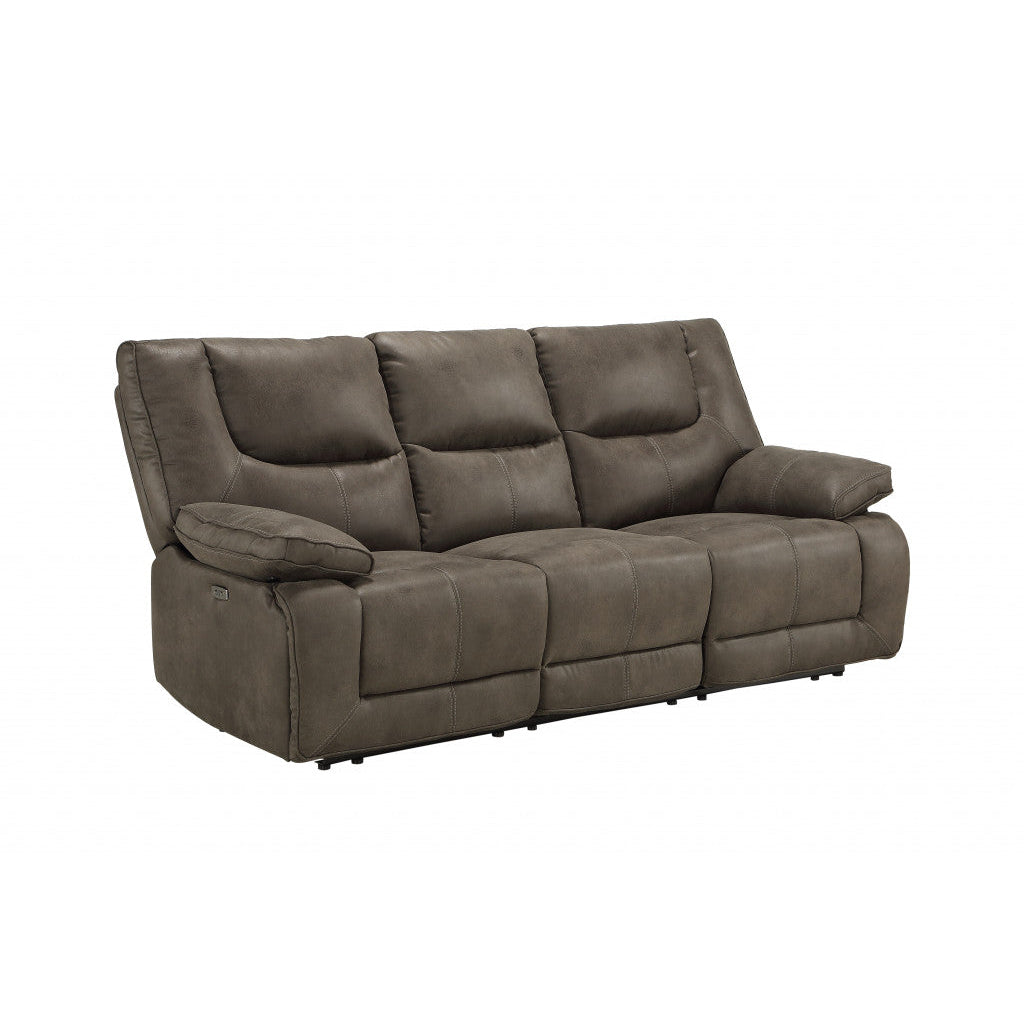 87" Gray Faux Leather Reclining USB Sofa With Black Legs Image 1