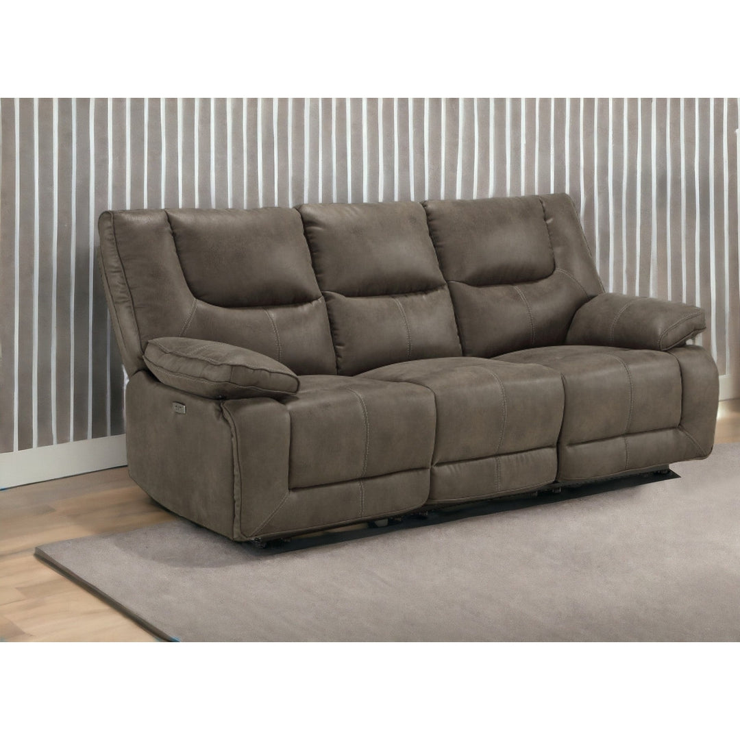 87" Gray Faux Leather Reclining USB Sofa With Black Legs Image 4