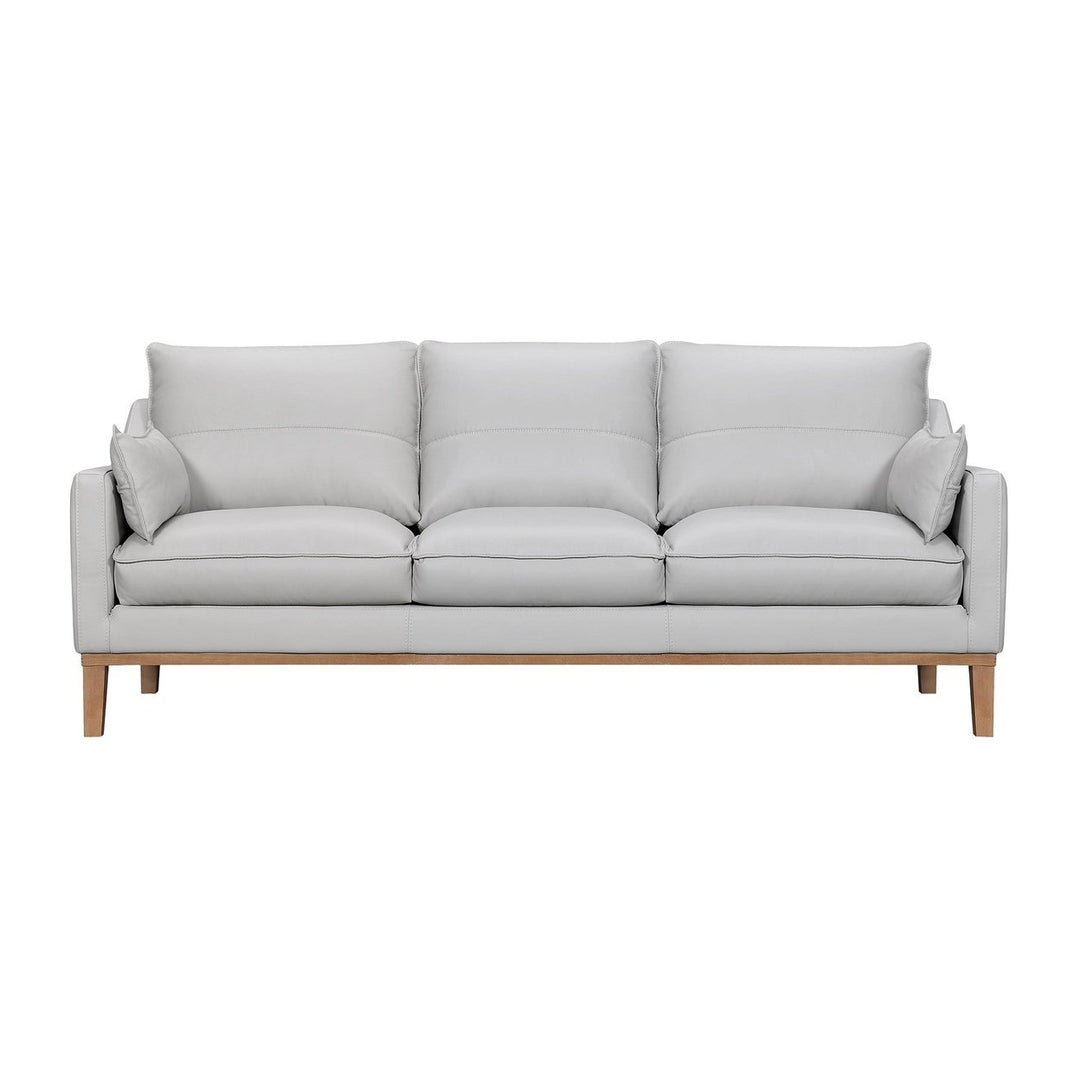 87" Gray Leather Sofa And Toss Pillows With Brown Legs Image 1