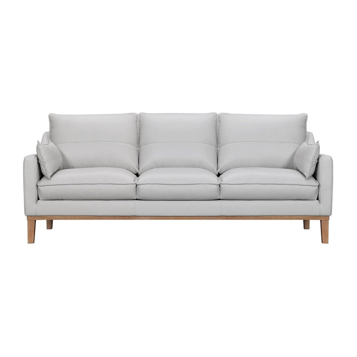 87" Gray Leather Sofa And Toss Pillows With Brown Legs Image 1