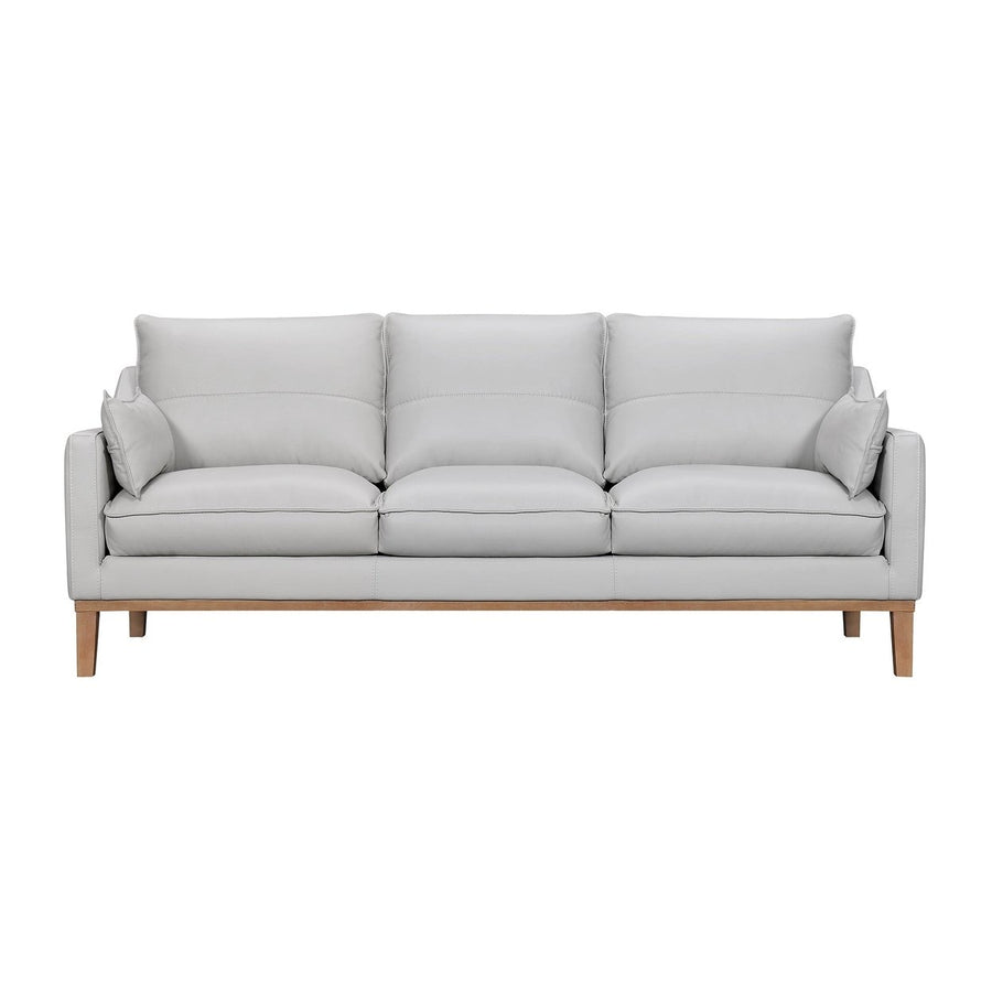 87" Gray Leather Sofa And Toss Pillows With Brown Legs Image 1