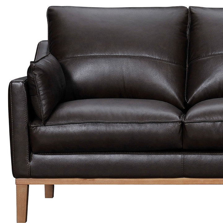 87" Dark Brown Leather Sofa And Toss Pillows With Brown Legs Image 10