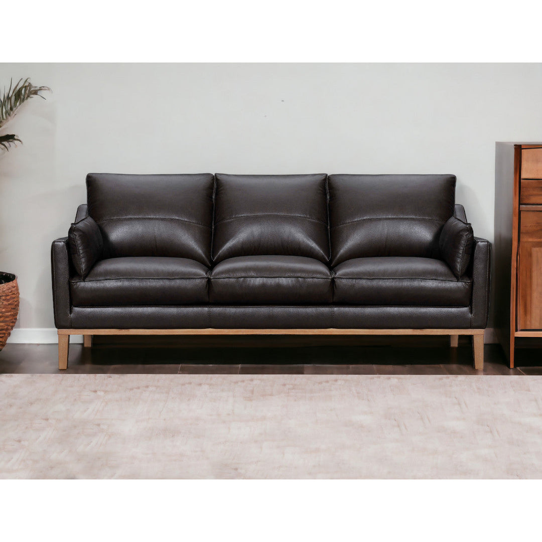 87" Dark Brown Leather Sofa And Toss Pillows With Brown Legs Image 12