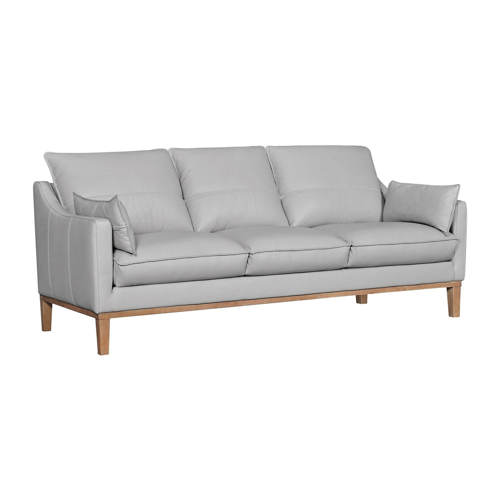 87" Gray Leather Sofa And Toss Pillows With Brown Legs Image 2