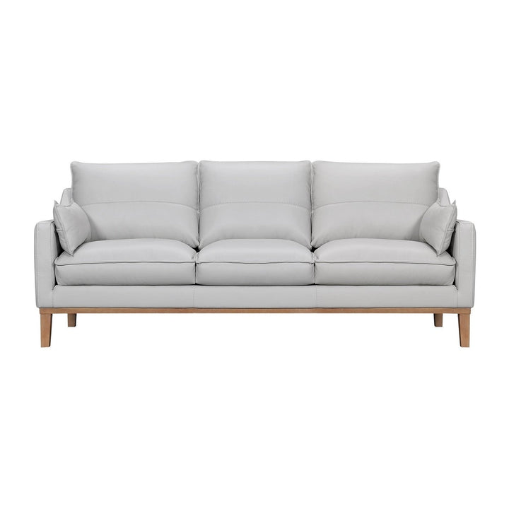 87" Gray Leather Sofa And Toss Pillows With Brown Legs Image 9