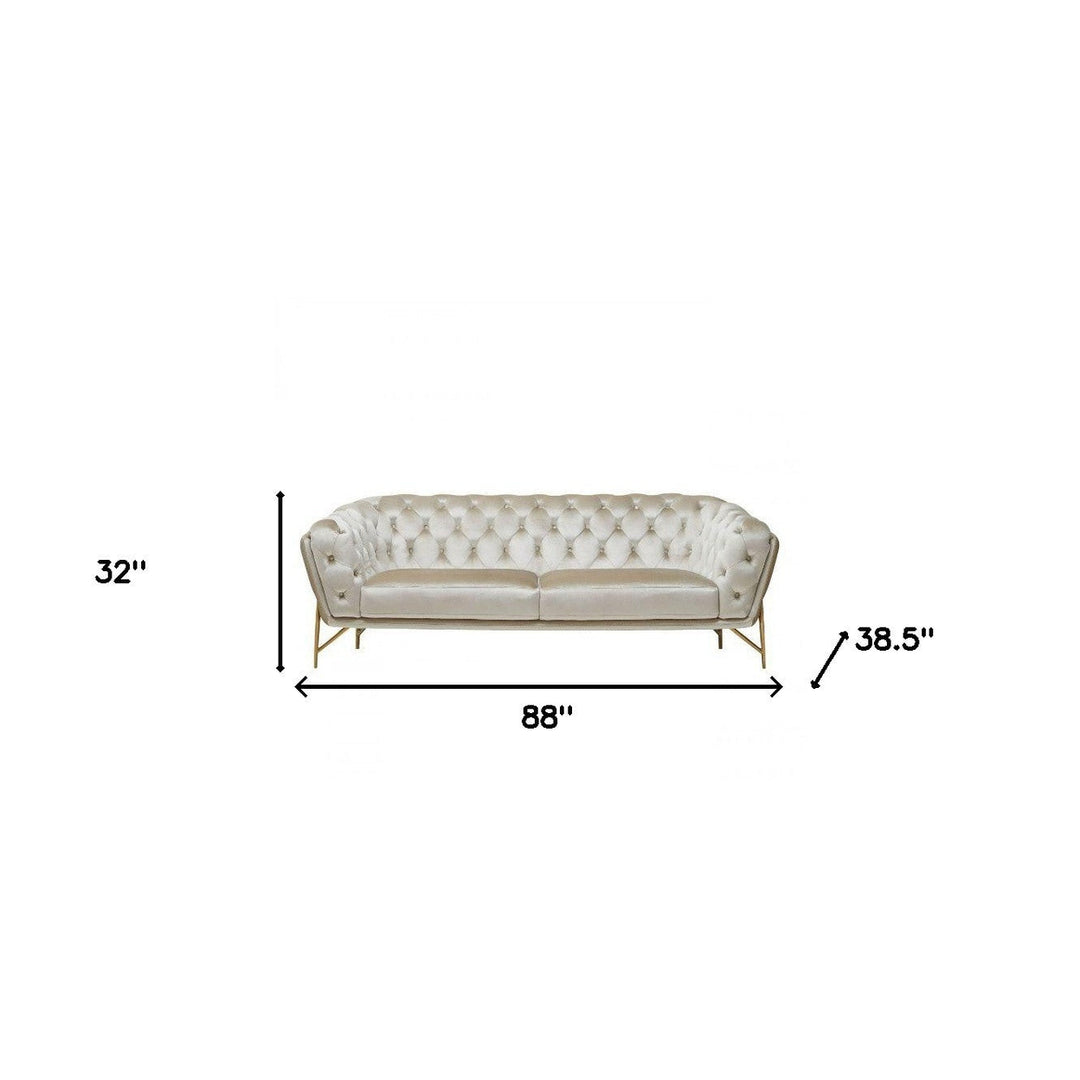 88" Beige Velvet Chesterfield Sofa With Gold Legs Image 1