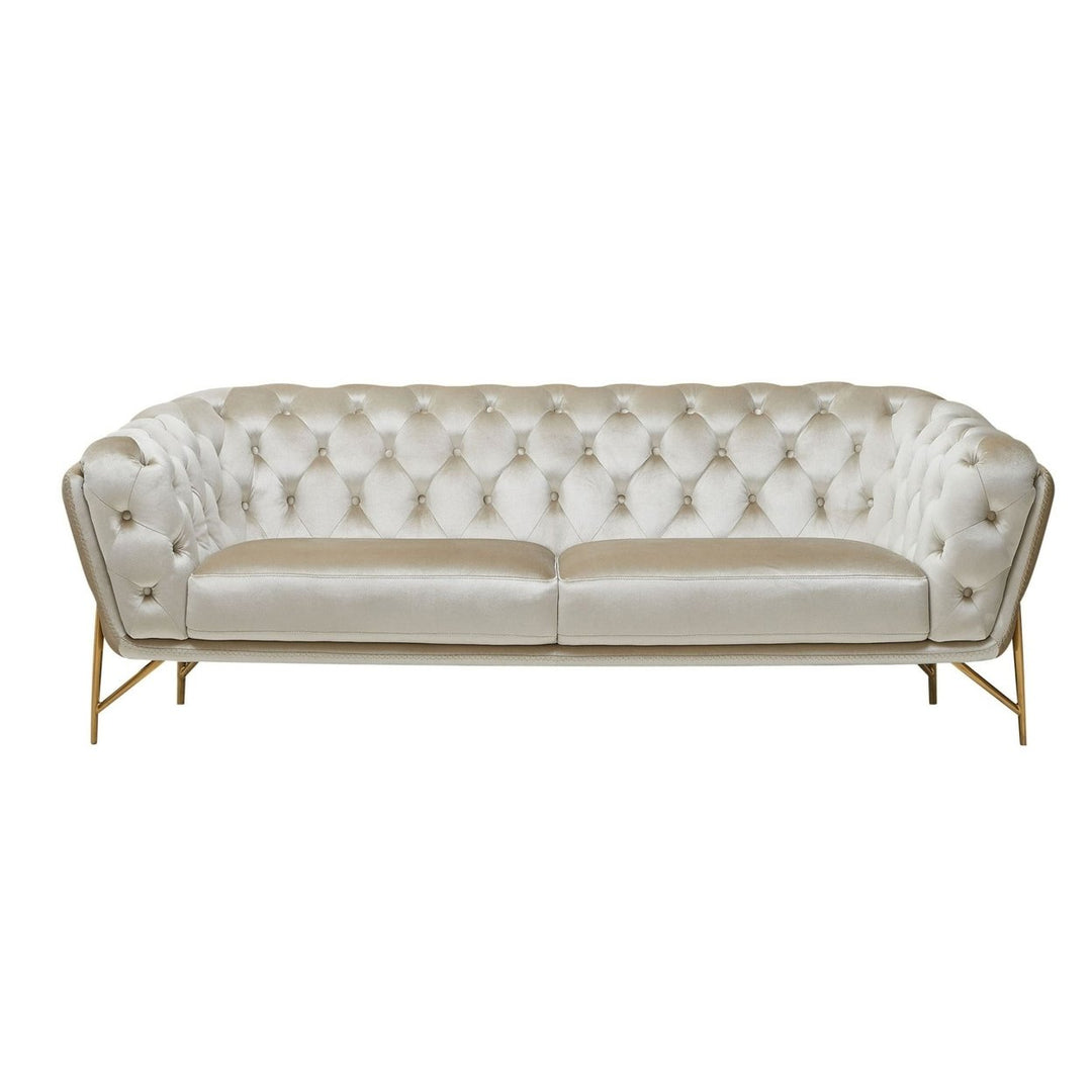 88" Beige Velvet Chesterfield Sofa With Gold Legs Image 4