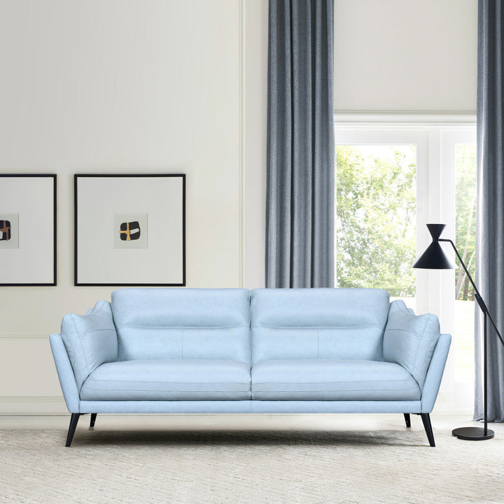 87" Sky Blue Leather Sofa With Black Legs Image 8