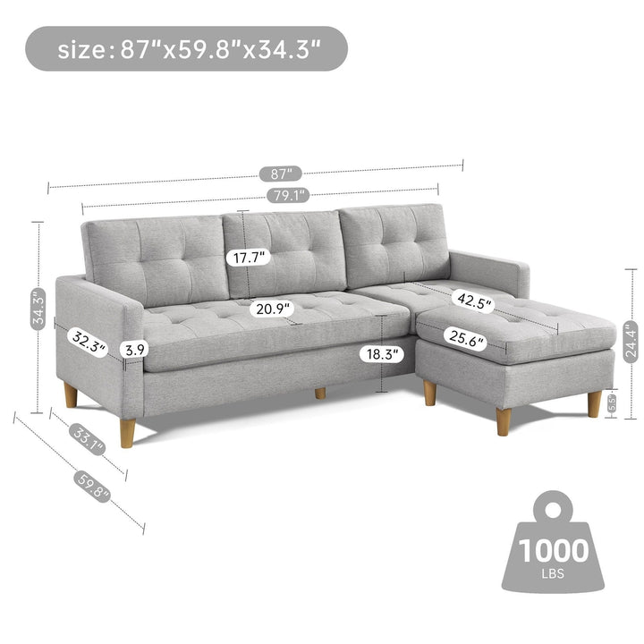 87" Light Gray Polyester Blend Sofa With Ottoman With Natural Legs Image 7