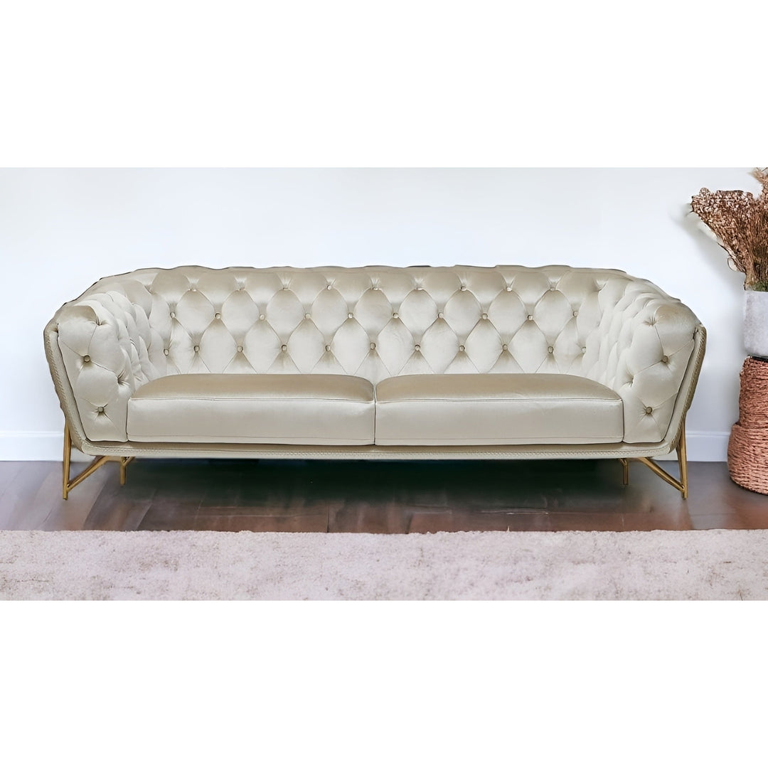 88" Beige Velvet Chesterfield Sofa With Gold Legs Image 5