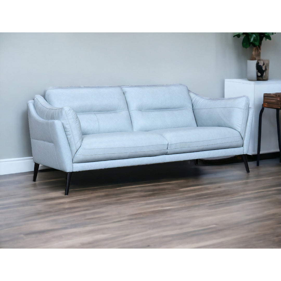 87" Sky Blue Leather Sofa With Black Legs Image 11