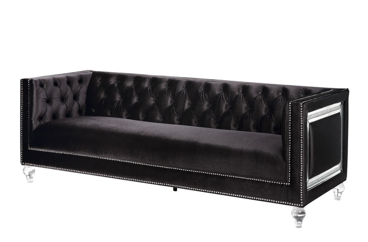 89" Black Velvet Sofa And Toss Pillows With Clear Legs Image 1