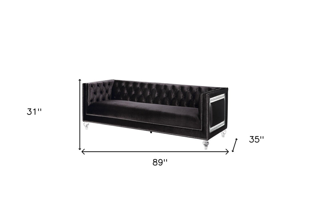 89" Black Velvet Sofa And Toss Pillows With Clear Legs Image 2