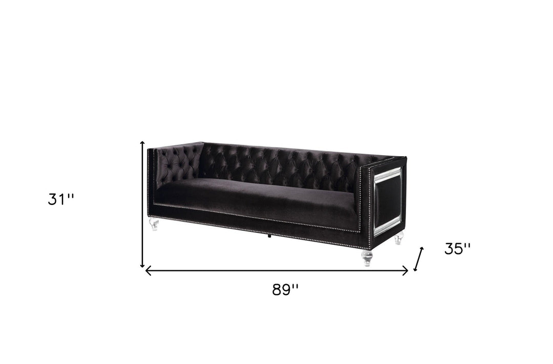 89" Black Velvet Sofa And Toss Pillows With Clear Legs Image 2