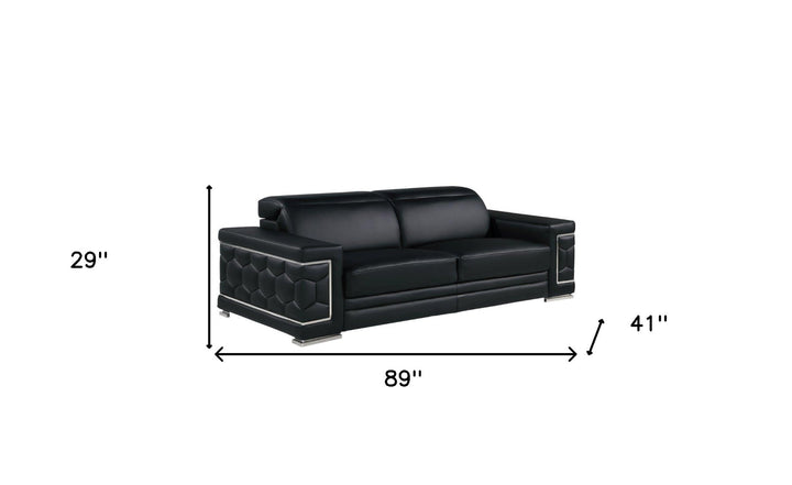 89" Black Leather Sofa With Silver Legs Image 10