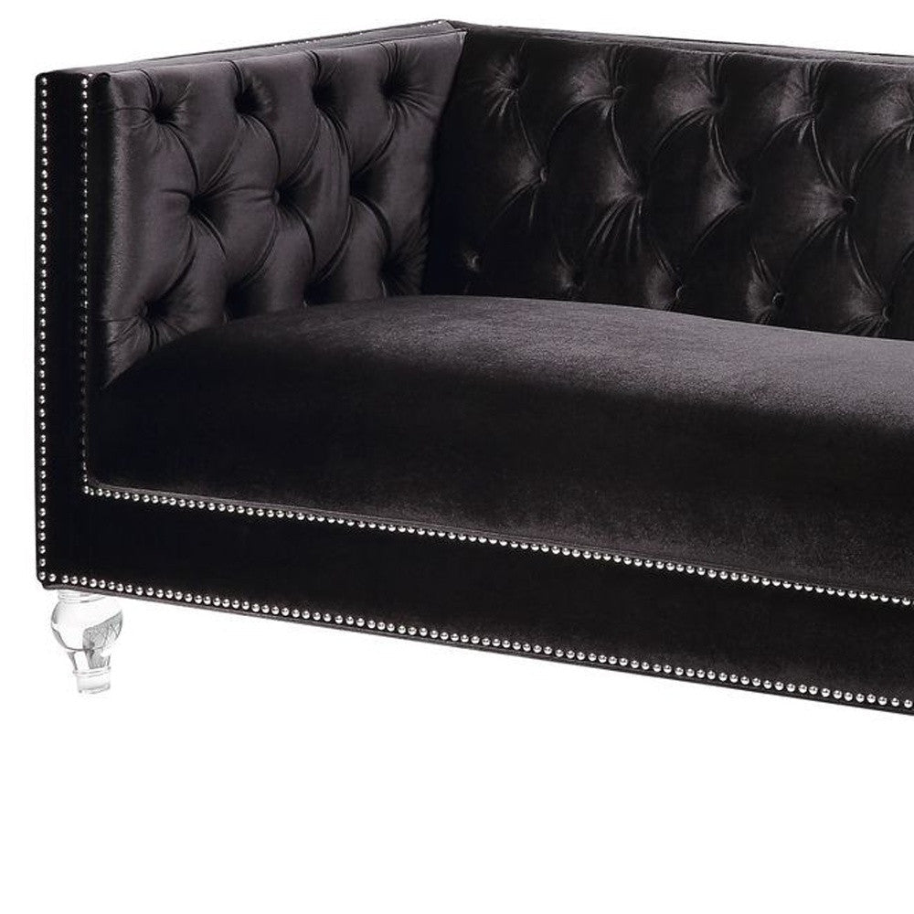 89" Black Velvet Sofa And Toss Pillows With Clear Legs Image 4