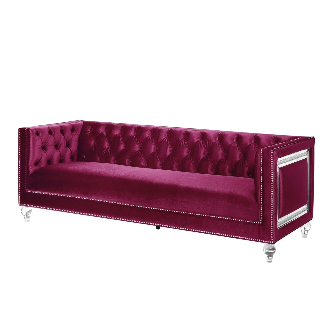 89" Burgundy Velvet Sofa And Toss Pillows With Clear Legs Image 1