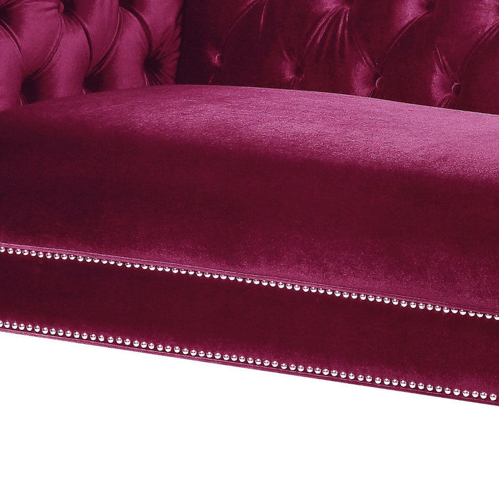 89" Burgundy Velvet Sofa And Toss Pillows With Clear Legs Image 2