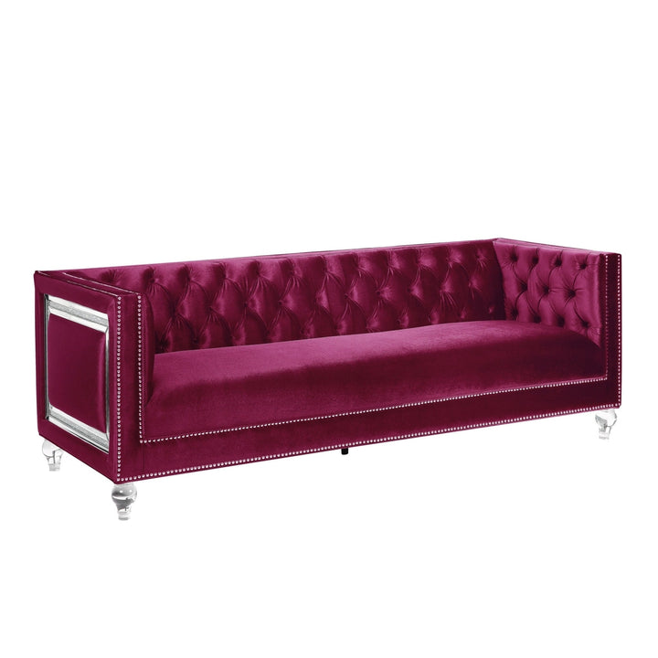 89" Burgundy Velvet Sofa And Toss Pillows With Clear Legs Image 3