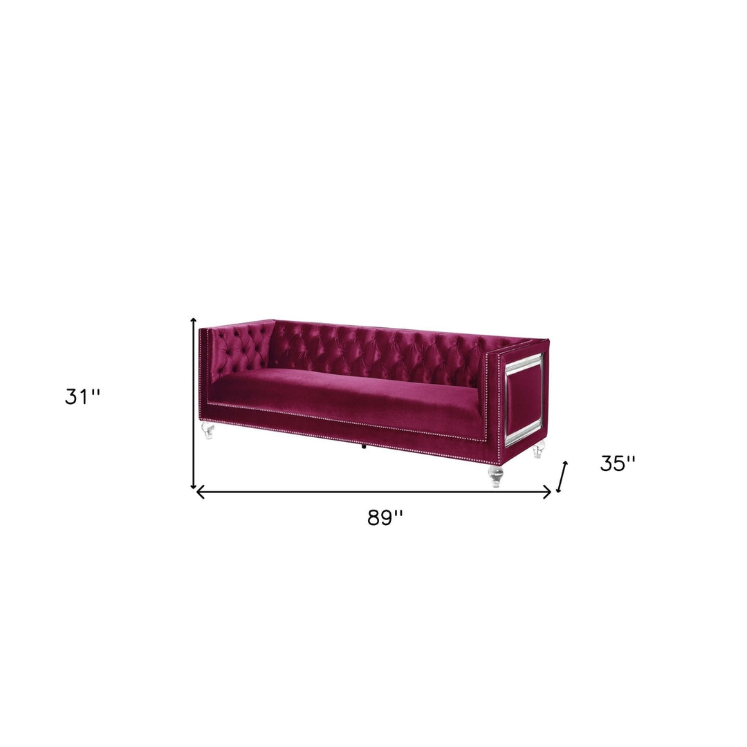 89" Burgundy Velvet Sofa And Toss Pillows With Clear Legs Image 4