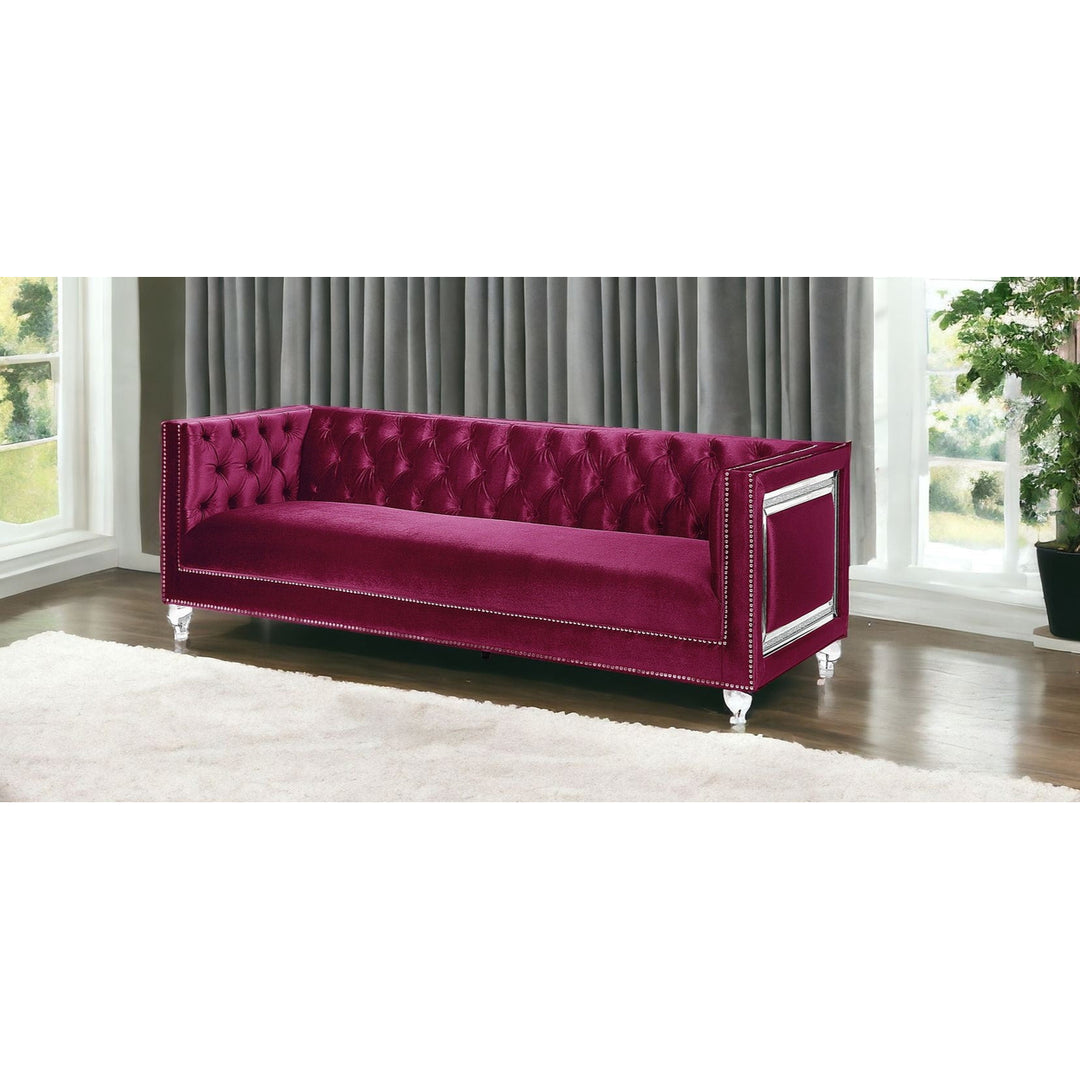 89" Burgundy Velvet Sofa And Toss Pillows With Clear Legs Image 5