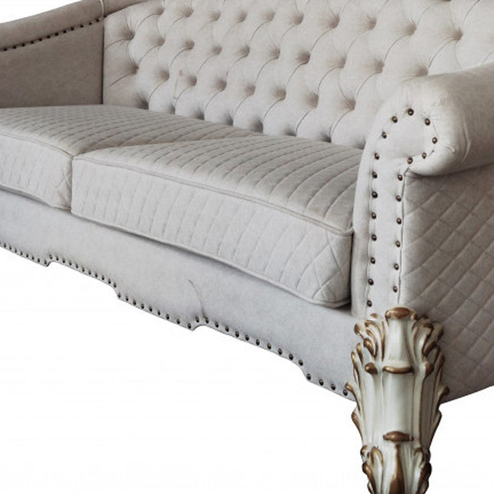 89" Ivory Velvet Sofa And Toss Pillows With Pearl Legs Image 3