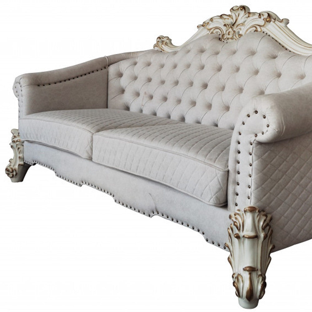 89" Ivory Velvet Sofa And Toss Pillows With Pearl Legs Image 4