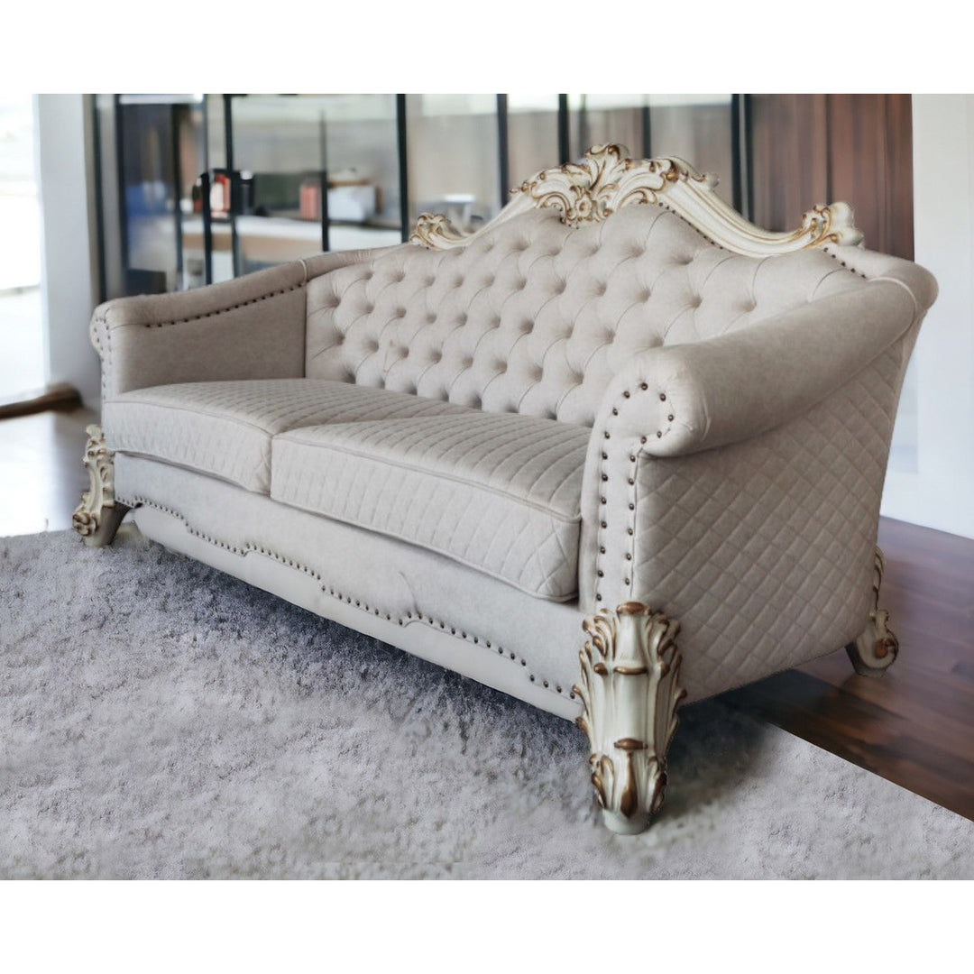 89" Ivory Velvet Sofa And Toss Pillows With Pearl Legs Image 5