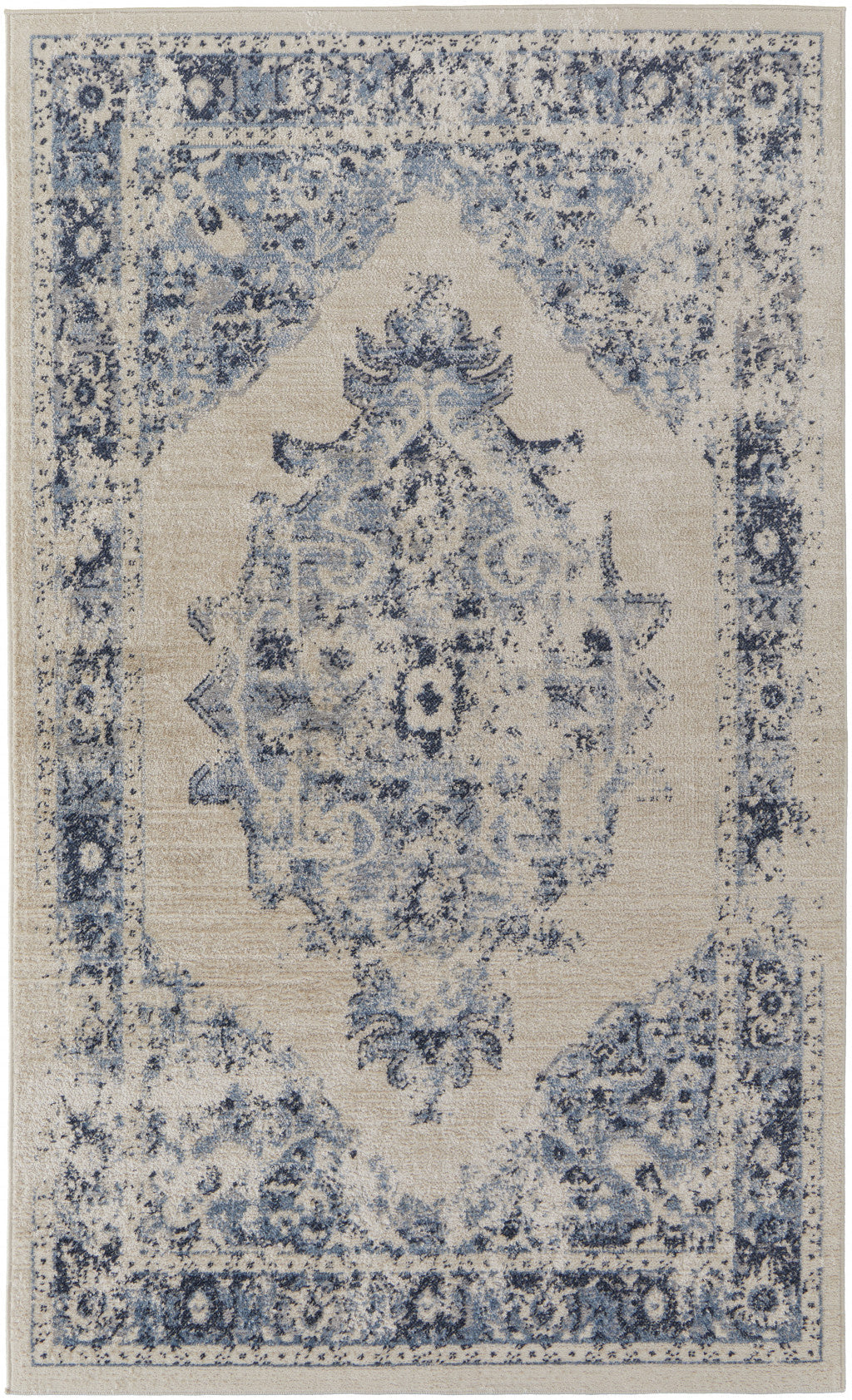 8 X 10 Ivory And Blue Floral Power Loom Distressed Area Rug Image 1