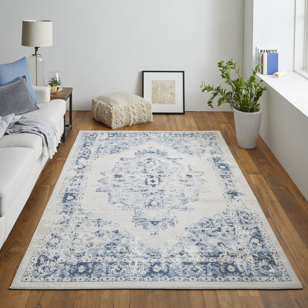 8 X 10 Ivory And Blue Floral Power Loom Distressed Area Rug Image 3