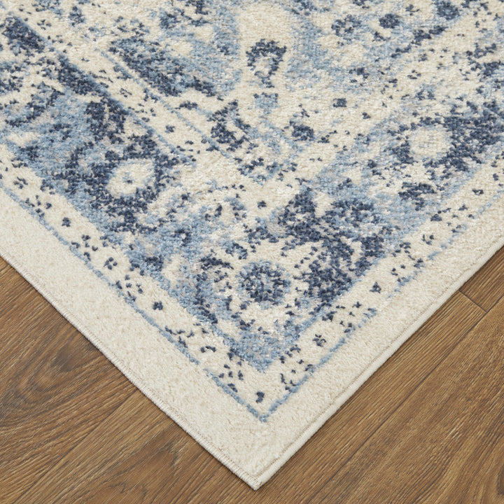 8 X 10 Ivory And Blue Floral Power Loom Distressed Area Rug Image 4