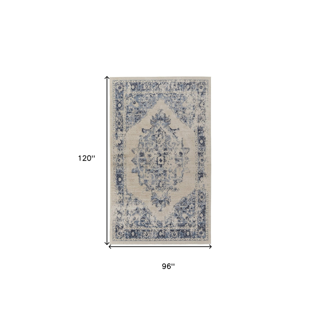 8 X 10 Ivory And Blue Floral Power Loom Distressed Area Rug Image 7