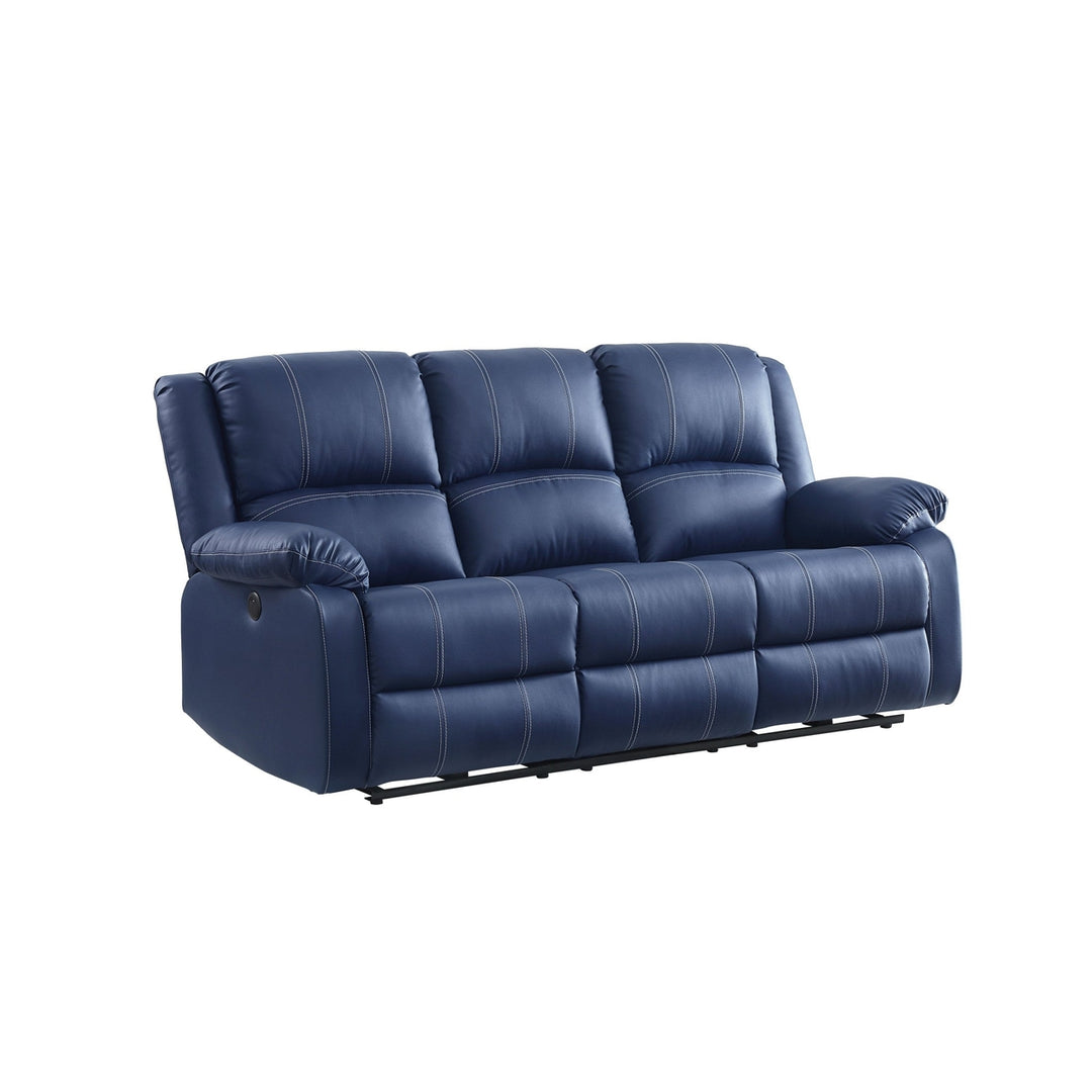 81" Blue Faux Leather Reclining USB Sofa With Black Legs Image 1