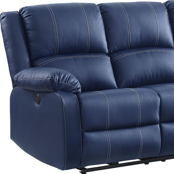 81" Blue Faux Leather Reclining USB Sofa With Black Legs Image 2