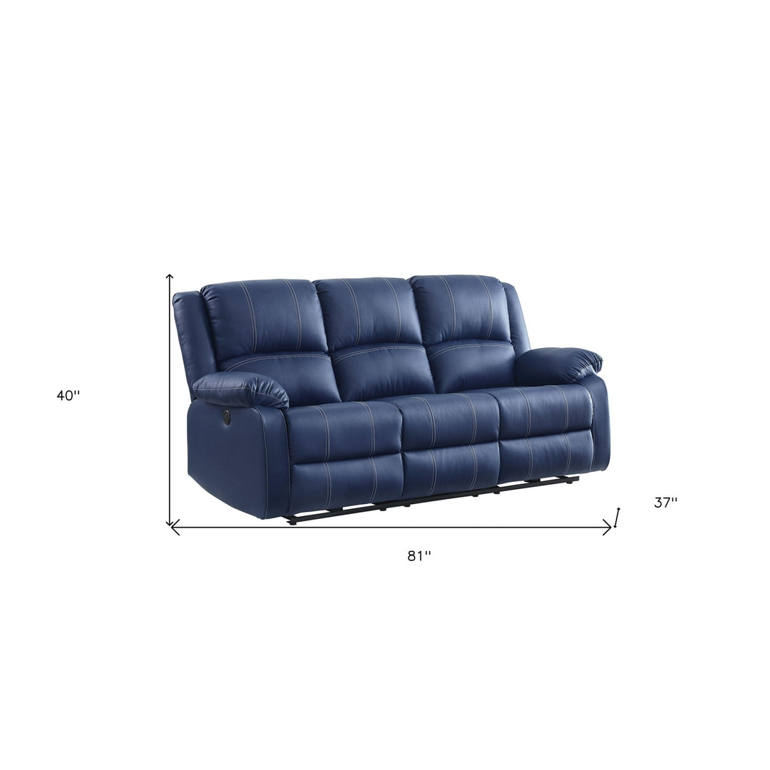 81" Blue Faux Leather Reclining USB Sofa With Black Legs Image 4