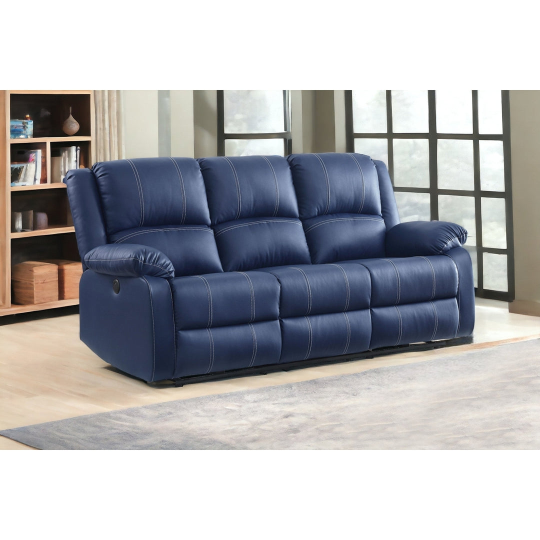 81" Blue Faux Leather Reclining USB Sofa With Black Legs Image 5