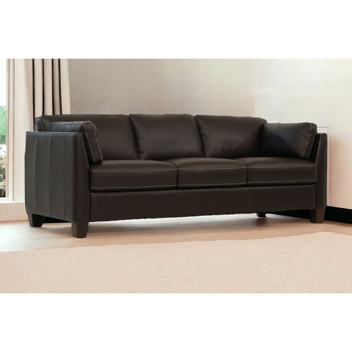 81" Chocolate Leather Sofa With Black Legs Image 5